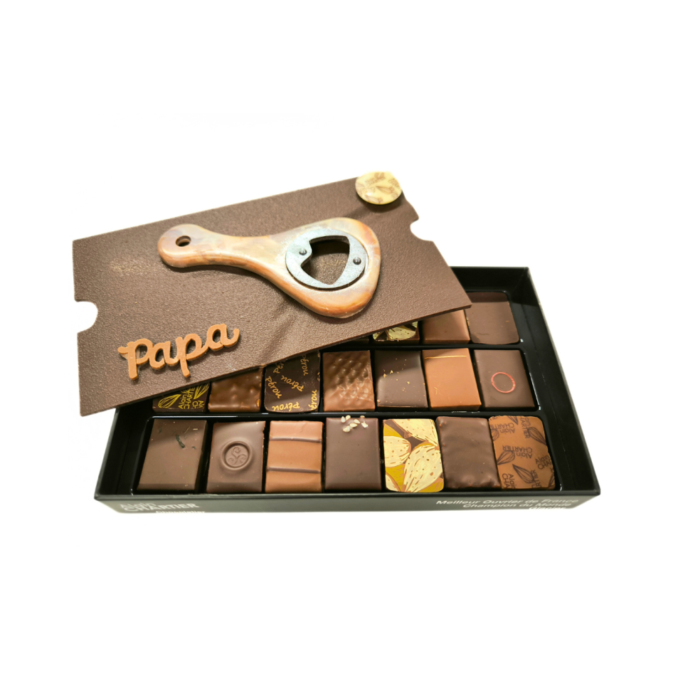 Ballotin pour papa et sa plaque en chocolat décapsuleur