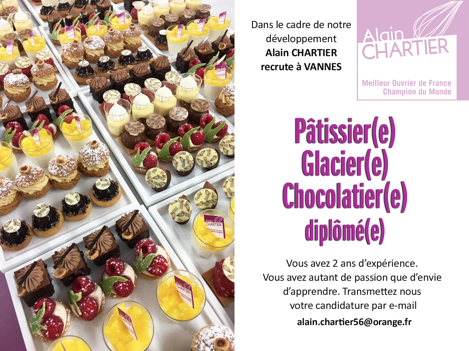 Recrutement patissier glacier chocolatier Alain Chartier Vannes printemps 2021