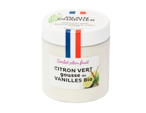 Le sorbet citron vert/vanille, un délicieux pot de glace par votre artisan Alain CHARTIER, fabriqué à Vannes. Réalisez de belles coupes glacées pour vos convives